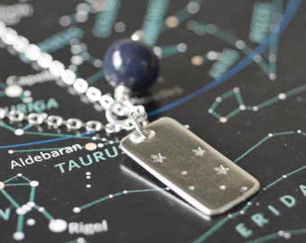 Personalised Sterling Silver Rectangle Constellation Tag and Birthstone Necklace