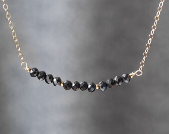 Black Tourmaline Dainty October Birthstone Bar Necklace in Silver and Gold