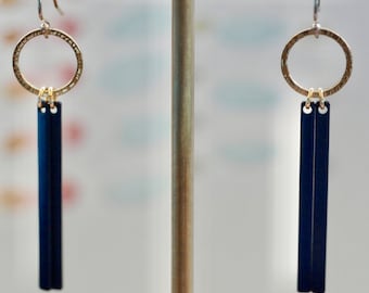 Hand Textured Circle Drop Earrings: Geometric Mixed Metal Design