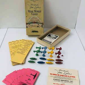 1933 Henrik Von Loon's Wide World Travel Game Pieces and Cards in Box, Parker Brothers