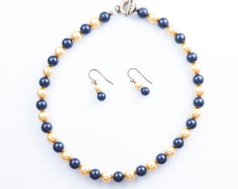 Vintage Navy and Gold Pearl Necklace with Matching Pearl and Swarovski Crystal Earrings