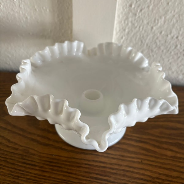 Vintage Fenton Milk Glass Hobnail Ruffle Pedestal Candle Holder / Bowl - 1950s