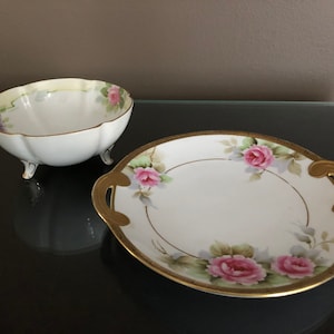 Vintage Nippon China Rose Plate with Handles and Footed Bowl with Gold Trim