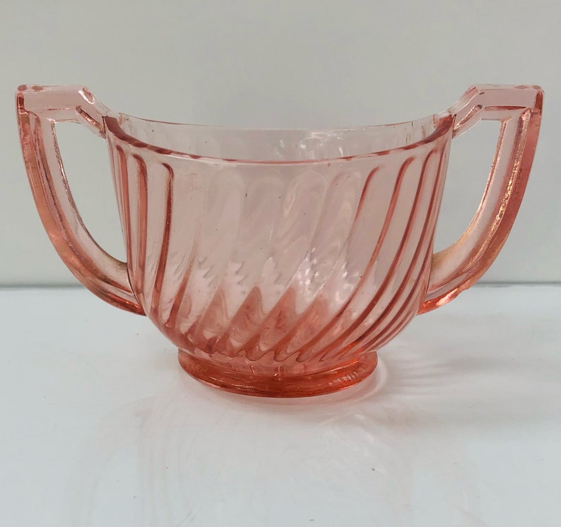Vintage Pink Imperial Depression Glass Open Sugar Bowl. Swirl Design with 2 Handles image 1