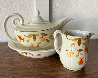 Set of 3 Pieces of Vintage Hall China Company Autumn Leaf Pattern Aladdin Teapot, Pie Baking Plate/Dish and Creamer - 1940's