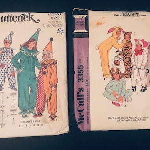 May include: Two vintage sewing patterns for children's costumes. The first pattern is Butterick 5109 and features a clown costume. The second pattern is McCall's 3355 and features animal costumes, including a bunny, tiger, lamb, and mouse.