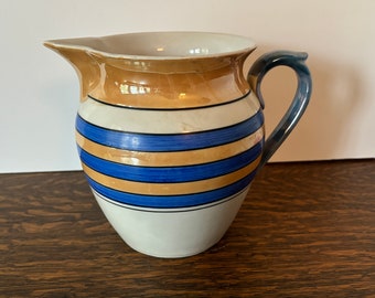 Vintage Blue and Copper Striped Lusterware Pitcher, Made in Czechoslovakia, 1930s