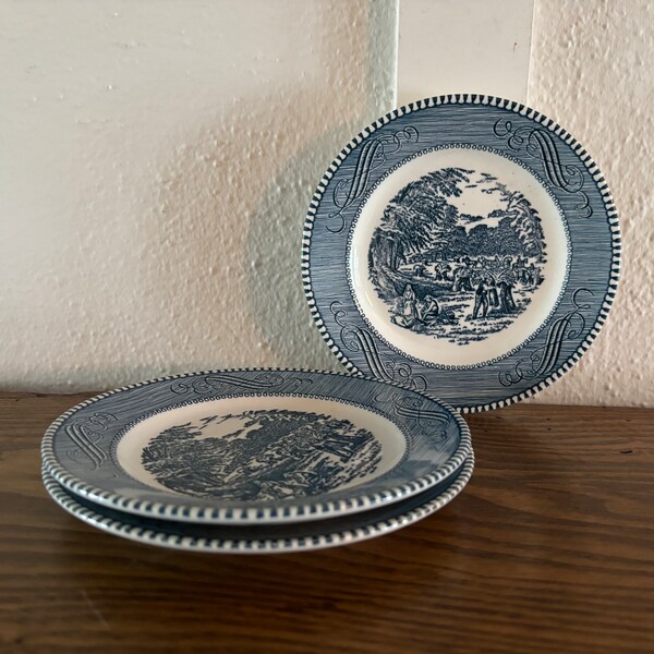 Set of 3 Vintage Currier & Ives Blue "Harvest" by Royal, Transferware 6 1/2" Bread and Butter Plates. 1950s.