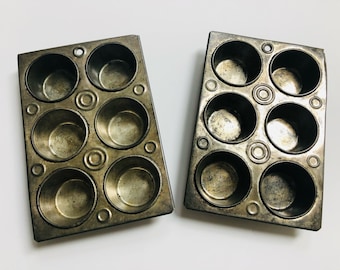 2 Primitive Vintage Muffin / Cupcake Pans with Circle or Target Design. Unmarked.