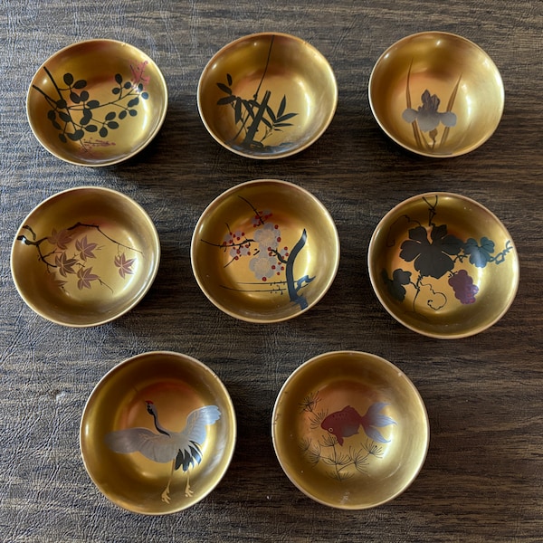 8 Piece Antique 1930s Japanese Wooden Lacquerware Sake Cups