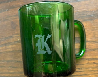 Vintage Arcoroc Green Glass Mug Embossed with a "K"- Excellent Condition, Marked France