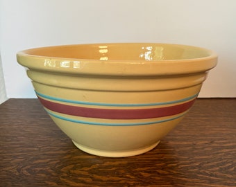 Vintage Large Yellow Ware Bowl Teal Blue and Burgundy/Maroon Stripes 12" Marked Ovenware USA 1940