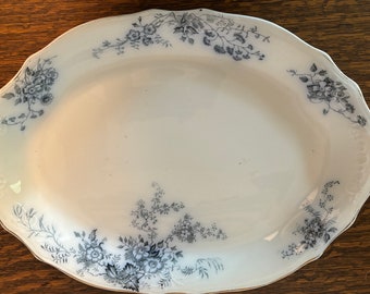 Antique Early Alfred Meakin Blue Transferware Porcelain 14" Oval Serving Bowl, Severn Pattern, 1800s