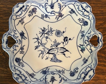 Vintage Meissen Porcelain 10" 2 Handled Serving Plate in "Blue Onion" Pattern