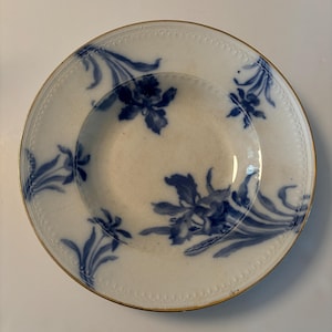 Antique Flow Blue Iris Soup or Serving Bowl with Gold Trim - 9.25" x 1.5". LaBelle China, Wheeling Pottery Co. 1879-1910.