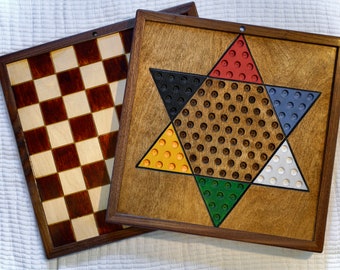 Custom Double Sided Game Board, Handcrafted Old Fashioned Wooden Board Game, Wooden Checkers, Chinese Checkers, Aggravation