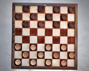 Classic Wooden Checker Board, Handcrafted Old Fashioned Wooden Board Game, Wooden Checkers, Single-Sided Game Board