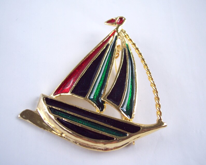 Vintage Enamel Boat Brooch Ship Pin Red Green Blue and Etsy