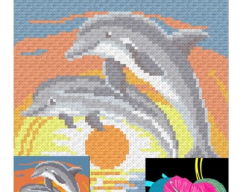 DOLPHINS CROCHET PATTERN | C2C Ocean Life Blanket Pattern | Matching Sc Dolphins Throw Pillow Pattern | Written Instructions Included.