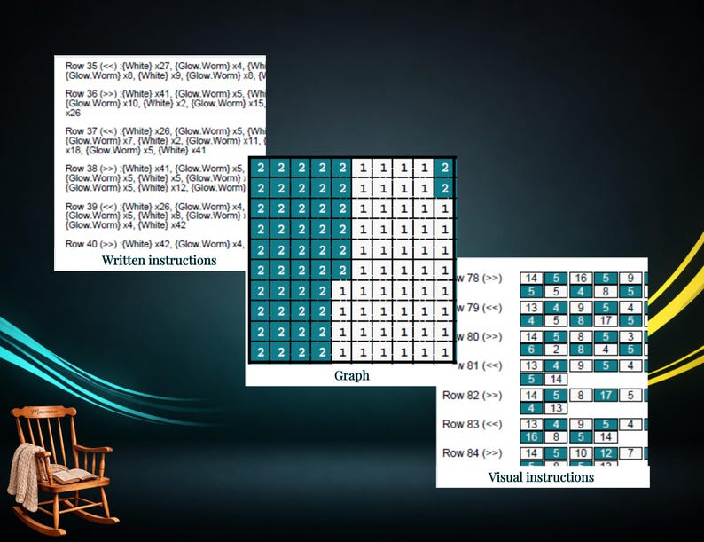May include: A craft pattern document featuring written instructions, a grid-based graph with teal and white squares labeled 1 and 2, and visual instructions with numbered boxes. A wooden rocking chair with a draped blanket is visible in the corner.