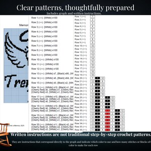May include: A crochet pattern document featuring a grid graph and written row-by-row instructions. The text includes 'Clear patterns, thoughtfully prepared' and 'Written instructions are not traditional step-by-step crochet patterns.'