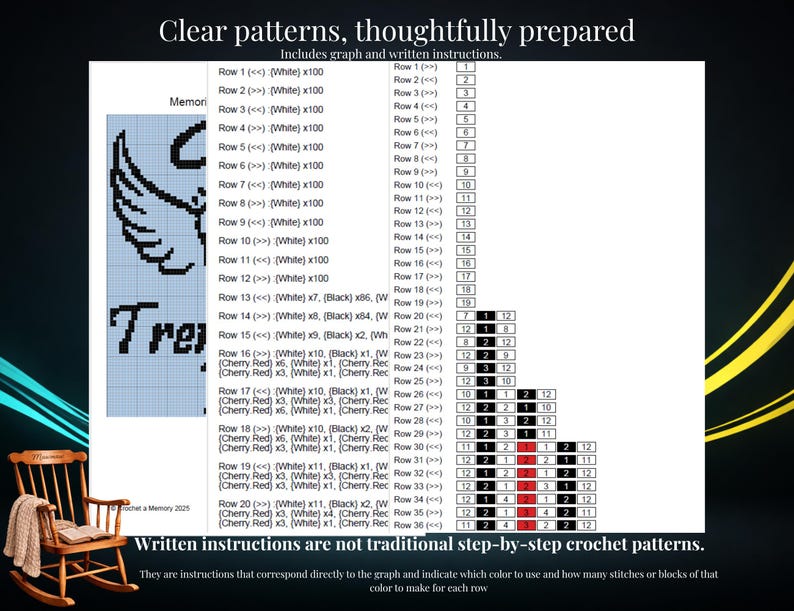 May include: A crochet pattern document featuring a grid graph and written row-by-row instructions. The text includes 'Clear patterns, thoughtfully prepared' and 'Written instructions are not traditional step-by-step crochet patterns.'