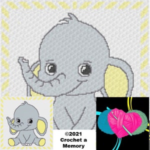 May include: A crochet pattern featuring a cute gray elephant with yellow ears and a yellow background. The pattern is titled "Crochet a Memory" and includes the copyright year 2021.
