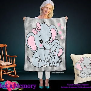 Momma and Baby Elephant Crochet Pattern, Mini C2C and SC Graphgan with Hearts, Girl Nursery Blanket and Pillow Graph, Baby Shower Gift, PDF