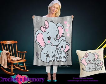 Momma and Baby Elephant Crochet Pattern, Mini C2C and SC Graphgan with Hearts, Girl Nursery Blanket and Pillow Graph, Baby Shower Gift, PDF