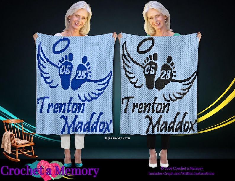 May include: A light blue crochet blanket featuring a dark blue or black graphic of two baby footprints with wings and a halo above them. The numbers 05 and 28 are centered on the footprints, and the name Trenton Maddox is written below in script.