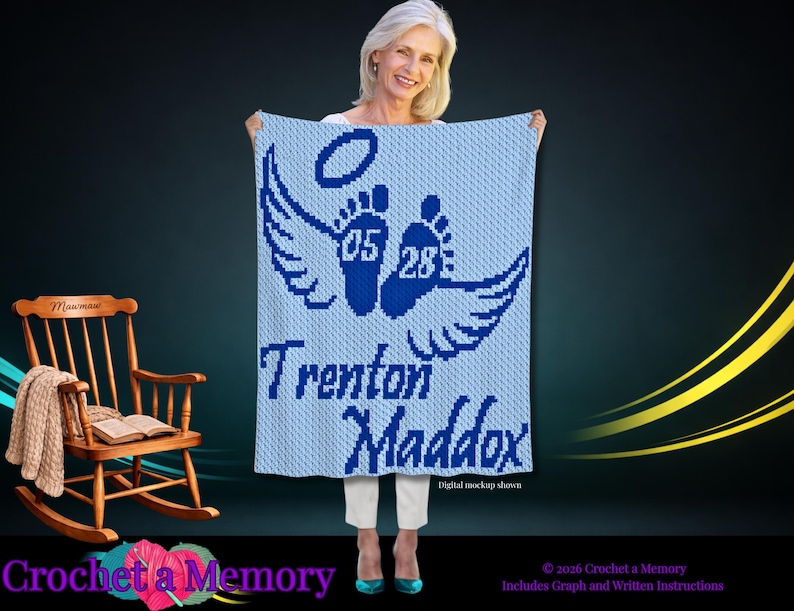 May include: A light blue and dark blue crocheted blanket featuring a graphic of two baby footprints with wings and a halo above them. The numbers 05 and 28 are centered on the footprints, and the name Trenton Maddox is written in dark blue text.