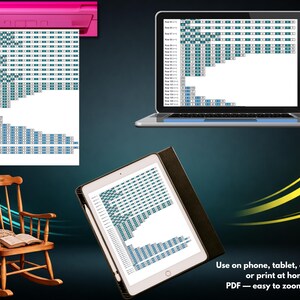 May include: A digital knitting pattern displayed on a laptop screen, a tablet, and a printed sheet emerging from a pink printer. The pattern features rows of numbered instructions with teal and white grid blocks. A wooden rocking chair is also visible.