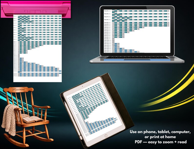 May include: A digital knitting pattern displayed on a laptop screen, a tablet, and a printed sheet emerging from a pink printer. The pattern features rows of numbered instructions with teal and white grid blocks. A wooden rocking chair is also visible.