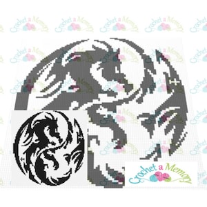 May include: Black and white pixel art design of two dragons facing each other. The design is in a circle shape. The design is on a white background.