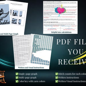May include: A digital pattern set for a memorial baby blanket featuring a graph with angel wings, baby feet, and the name Trenton Maddox. Includes written instructions, yarn color keys, stitch counts, and size calculation guides in PDF format.