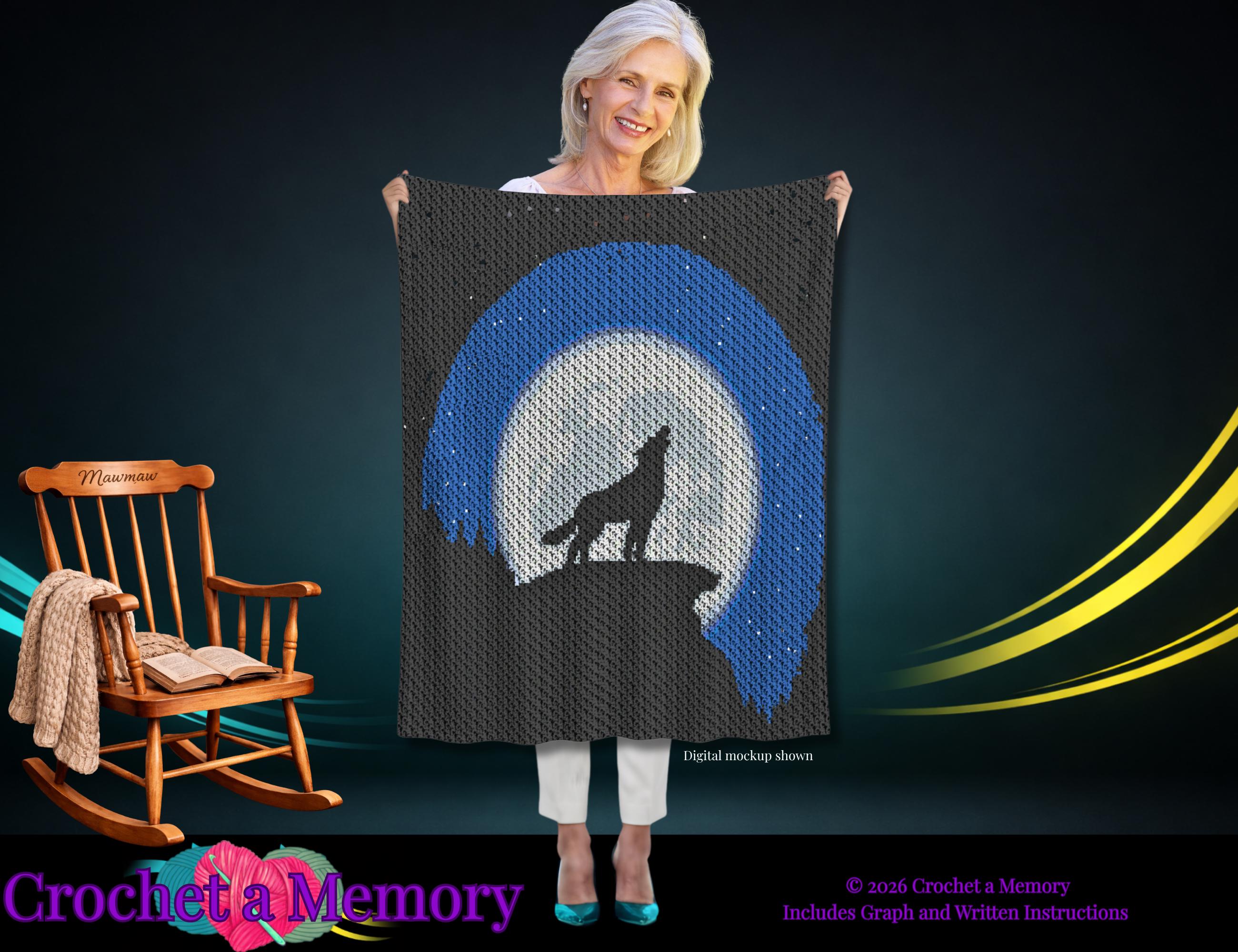 38 Wolf Crochet Patterns to Stitch for Woodland Decor, Gifts, and Amigurumi Displays 34 Wolf Howling at Moon Crochet Graphgan