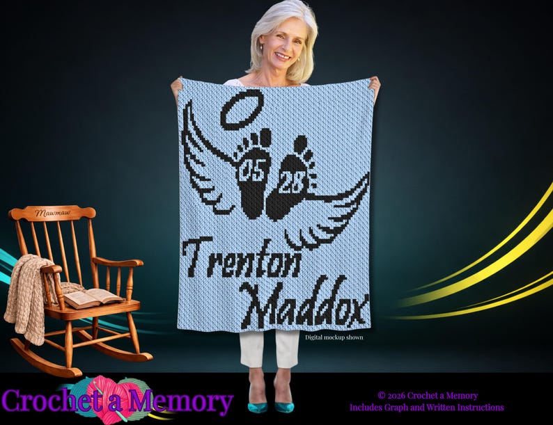 May include: A light blue crochet blanket featuring a black graphic of two baby footprints with wings and a halo above them. The numbers 05 and 28 are centered on the footprints. The name Trenton Maddox is written in black text below the feet.