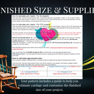 May include: A wooden rocking chair with a beige knit blanket draped over the arm, positioned in front of an informational graphic titled Finished Size & Supplies. The text provides instructions for calculating yarn needs and project dimensions.
