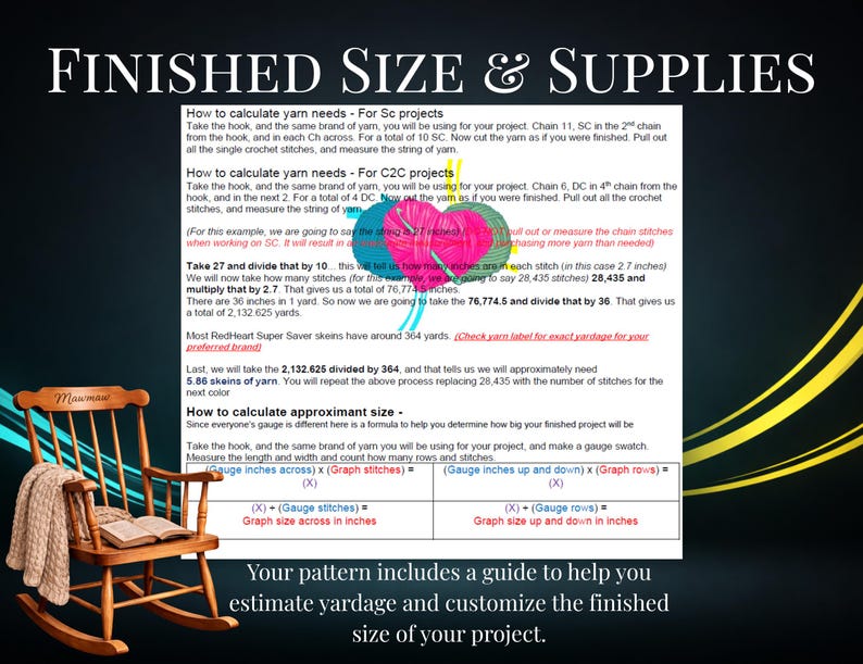 May include: A wooden rocking chair with a beige knit blanket draped over the arm, positioned in front of an informational graphic titled Finished Size & Supplies. The text provides instructions for calculating yarn needs and project dimensions.