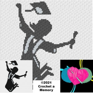 May include: Cross-stitch pattern featuring a silhouette of a person in a graduation gown throwing a mortarboard hat in the air, holding a diploma. The design is in shades of gray and white. The image includes the text "©2021 Crochet a Memory".