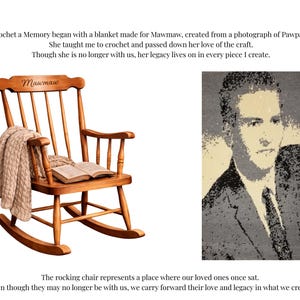 May include: A wooden rocking chair with the name Mawmaw engraved on the top rail, draped with a beige cable-knit blanket and holding an open book, alongside a rectangular tapestry featuring a black, white, and beige portrait of a man in a suit.