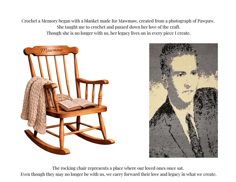 May include: A wooden rocking chair with the name Mawmaw engraved on the top rail, draped with a beige cable-knit blanket and holding an open book, alongside a rectangular tapestry featuring a black, white, and beige portrait of a man in a suit.