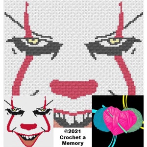 May include: A crochet pattern for Pennywise the Dancing Clown from the movie IT. The pattern includes a close-up of the clown's face and a heart-shaped yarn ball with a crochet hook.