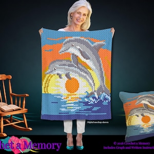 Dolphins Crochet Graph Pattern, Ocean C2C Blanket Pattern, Sea Life SC Graphgan Pillow Pattern