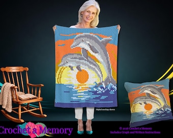 Dolphins Crochet Graph Pattern, Ocean C2C Blanket Pattern, Sea Life SC Graphgan Pillow Pattern