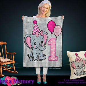 Haakpatroon olifant, eerste verjaardag olifant deken, feestmuts olifant grafiek, babymeisje C2C-patroon, SC-patroon sierkussen, feestmuts olifant