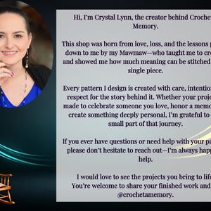 May include: A circular portrait of a smiling person with dark hair wearing a blue top and black cardigan, positioned next to a text block introducing Crystal Lynn of Crochet a Memory, featuring a small wooden rocking chair with a beige blanket.
