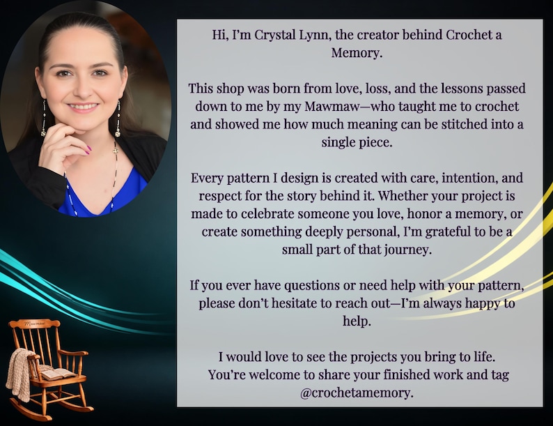 May include: A circular portrait of a smiling person with dark hair wearing a blue top and black cardigan, positioned next to a text block introducing Crystal Lynn of Crochet a Memory, featuring a small wooden rocking chair with a beige blanket.