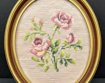 Vintage handmade Floral Needlepoint on Velvet Framed Wall Picture 7\u201d12 x6\u201d