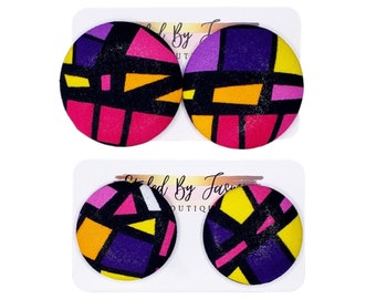 African Print Oversized Button Earrings, African Print Earrings, Pink Stud Earrings, Purple Stud Earrings, Colorful Earrings